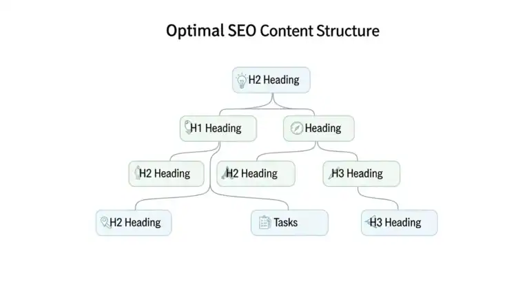 SEO content structure diagram using H1, H2, H3 headings and tasks.
